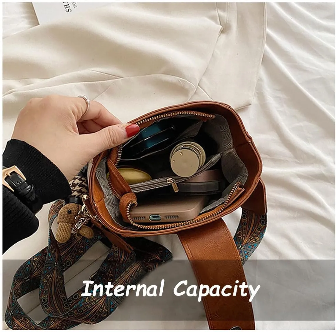Bootara Bucket Bag, Vintage Fashion Bag with Adjustable Wider Shoulder Strap, Bootara Vintage Bunny Charm Bucket Handbag