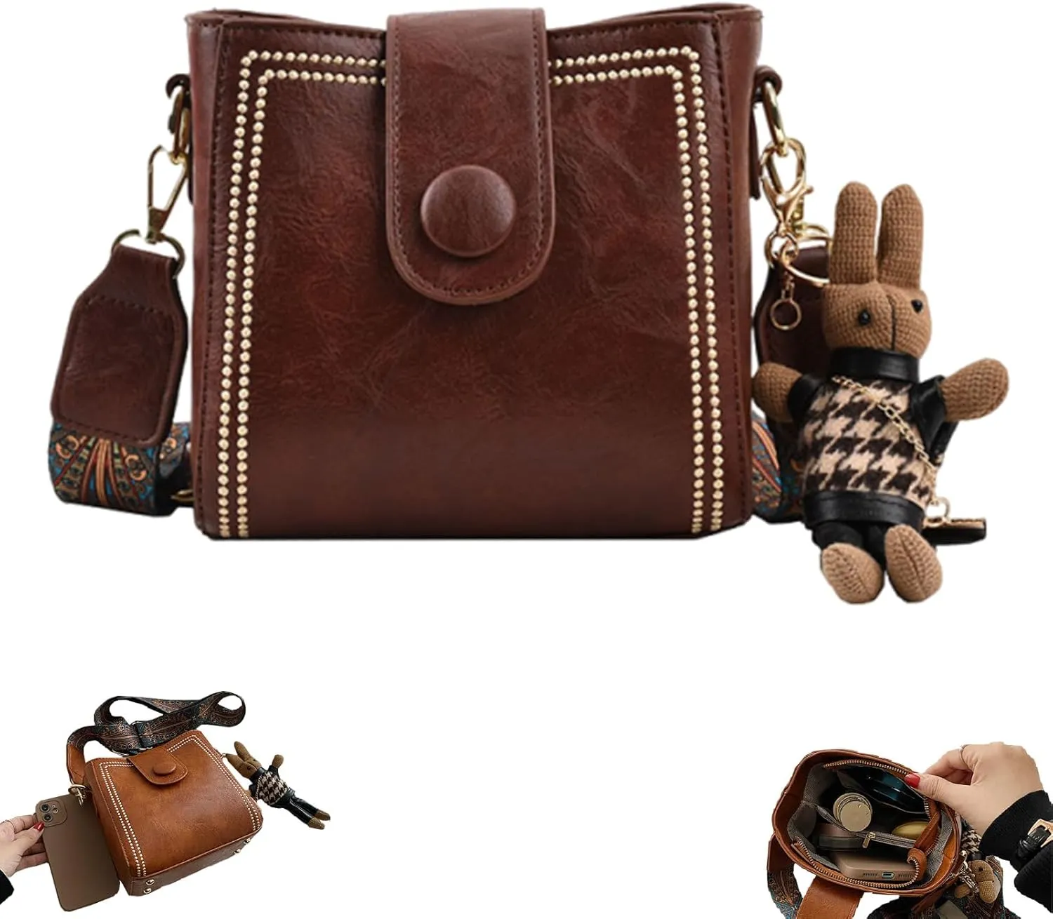 Bootara Bucket Bag, Vintage Fashion Bag with Adjustable Wider Shoulder Strap, Bootara Vintage Bunny Charm Bucket Handbag