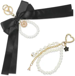 Bow Keychain, 2PCS Bow Wristlet Keychain Pearl Keychains Cute Purse Keychains Bows Ribbon Coquette Keychain Purse Charms with Wristband Ring for Car Keys Handbags Women Bag Accessories