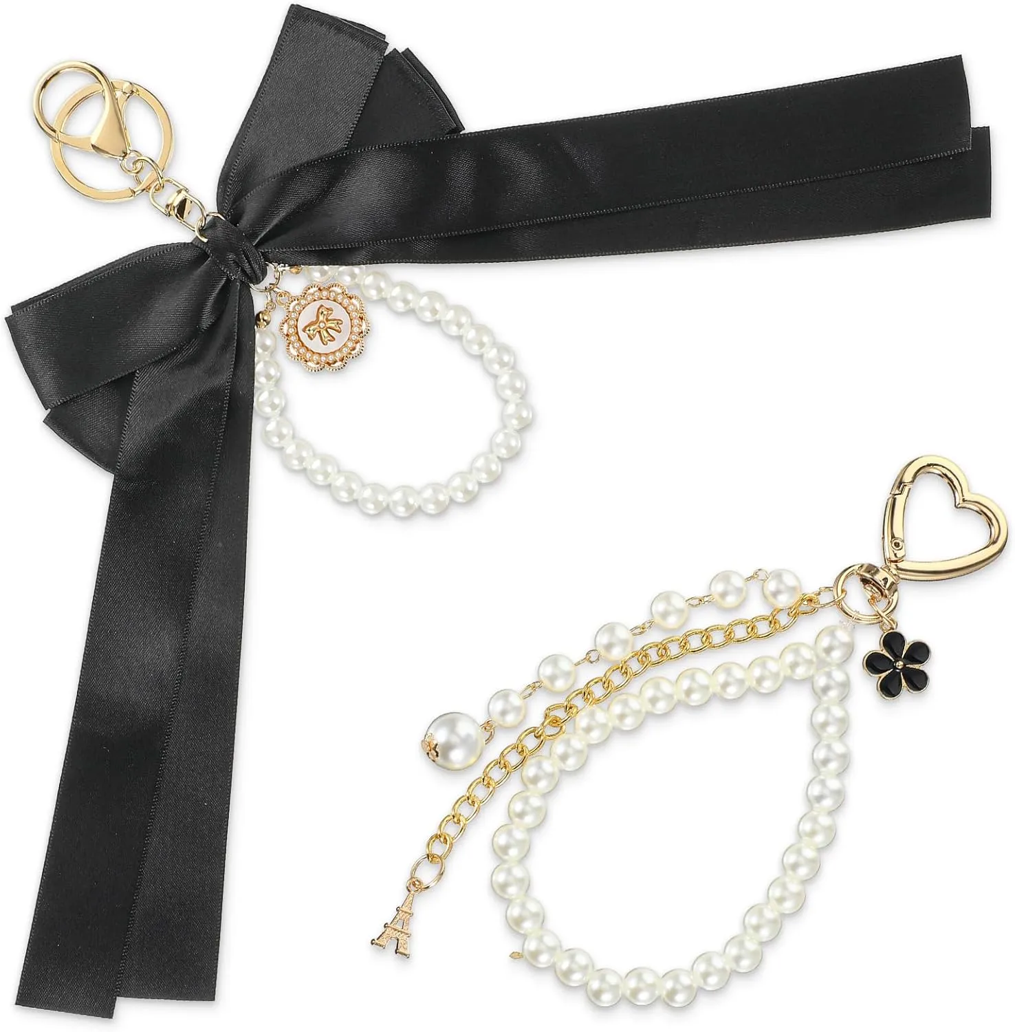 Bow Keychain, 2PCS Bow Wristlet Keychain Pearl Keychains Cute Purse Keychains Bows Ribbon Coquette Keychain Purse Charms with Wristband Ring for Car Keys Handbags Women Bag Accessories