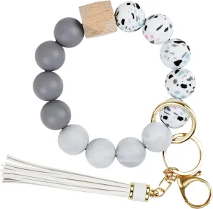 Bracelet Keychain for Women Silicone, Beaded Key Wristlet Cute, Llaveros Para Mujer Car Key Holder with Leather Tassel