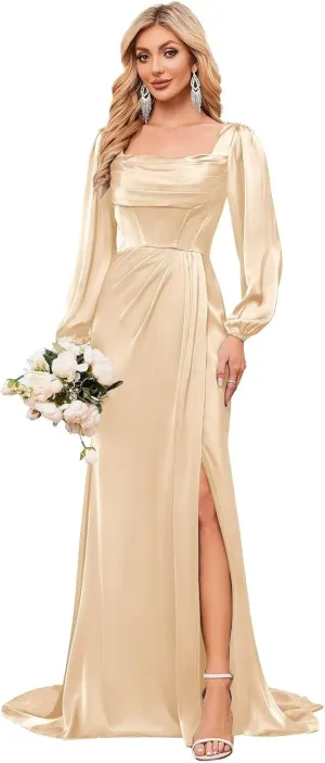 Bridesmaid Dresses Long Sleeve Mermaid Chiffon Cowl Neck Formal Party Gown with Slit