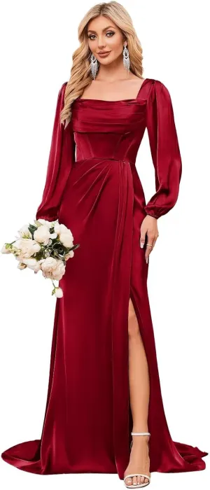 Bridesmaid Dresses Long Sleeve Mermaid Chiffon Cowl Neck Formal Party Gown with Slit