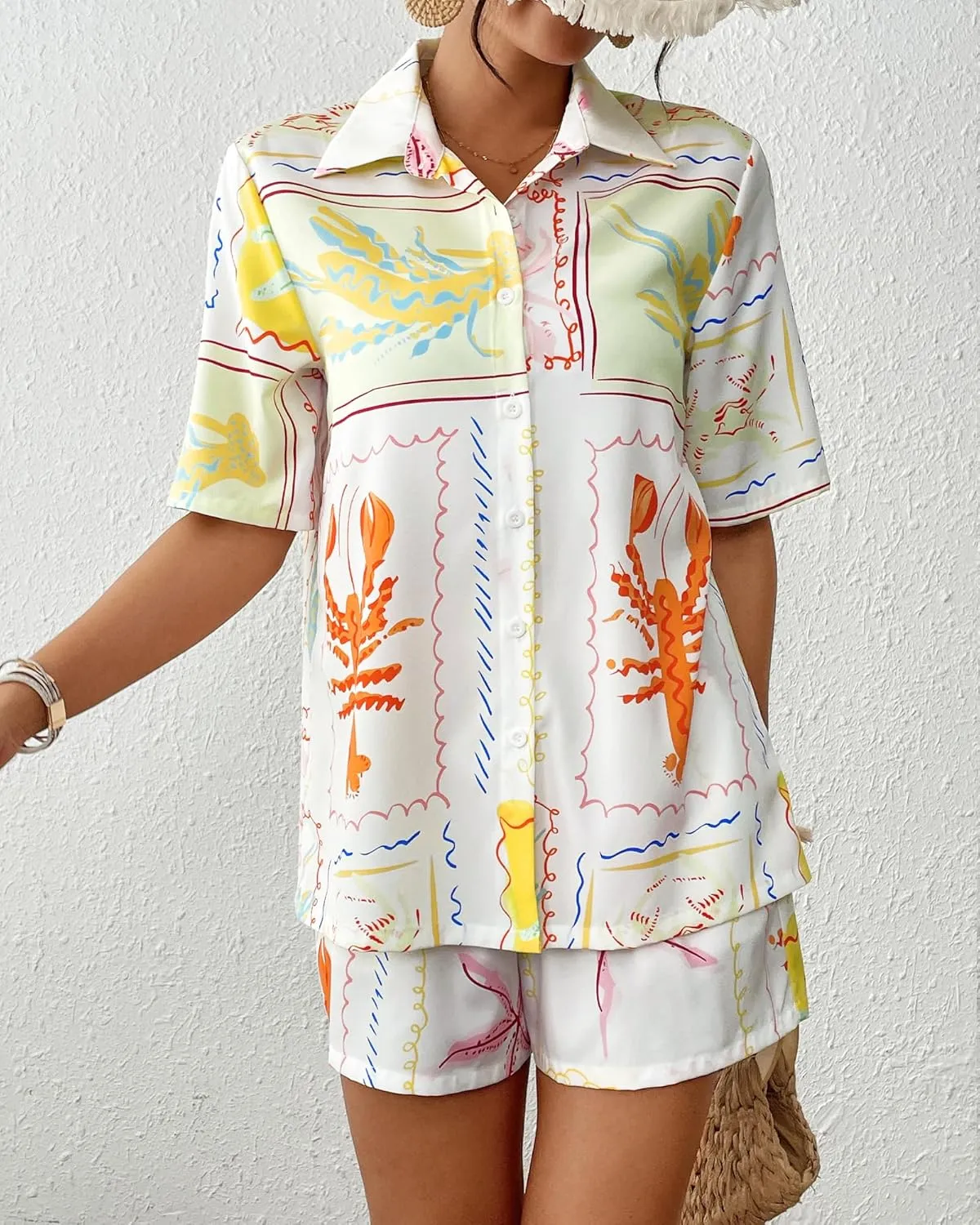 Bsubseach 2 Piece Short Sets for Women Tropical Printed Short Sleeve Button Down Shirt and Shorts Summer Beach Vacation Set
