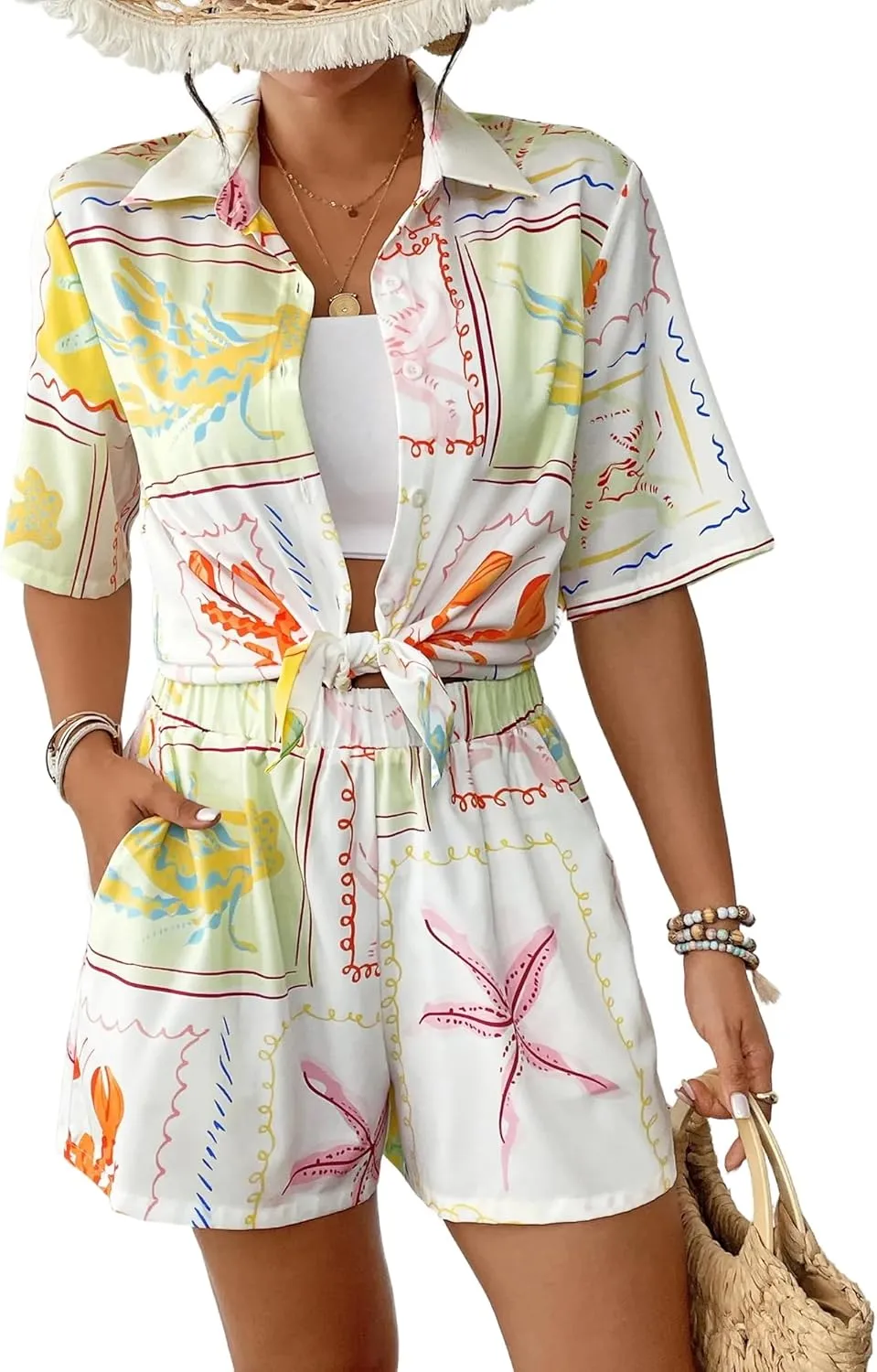 Bsubseach 2 Piece Short Sets for Women Tropical Printed Short Sleeve Button Down Shirt and Shorts Summer Beach Vacation Set