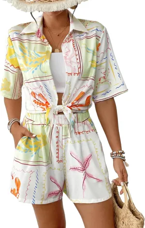 Bsubseach 2 Piece Short Sets for Women Tropical Printed Short Sleeve Button Down Shirt and Shorts Summer Beach Vacation Set