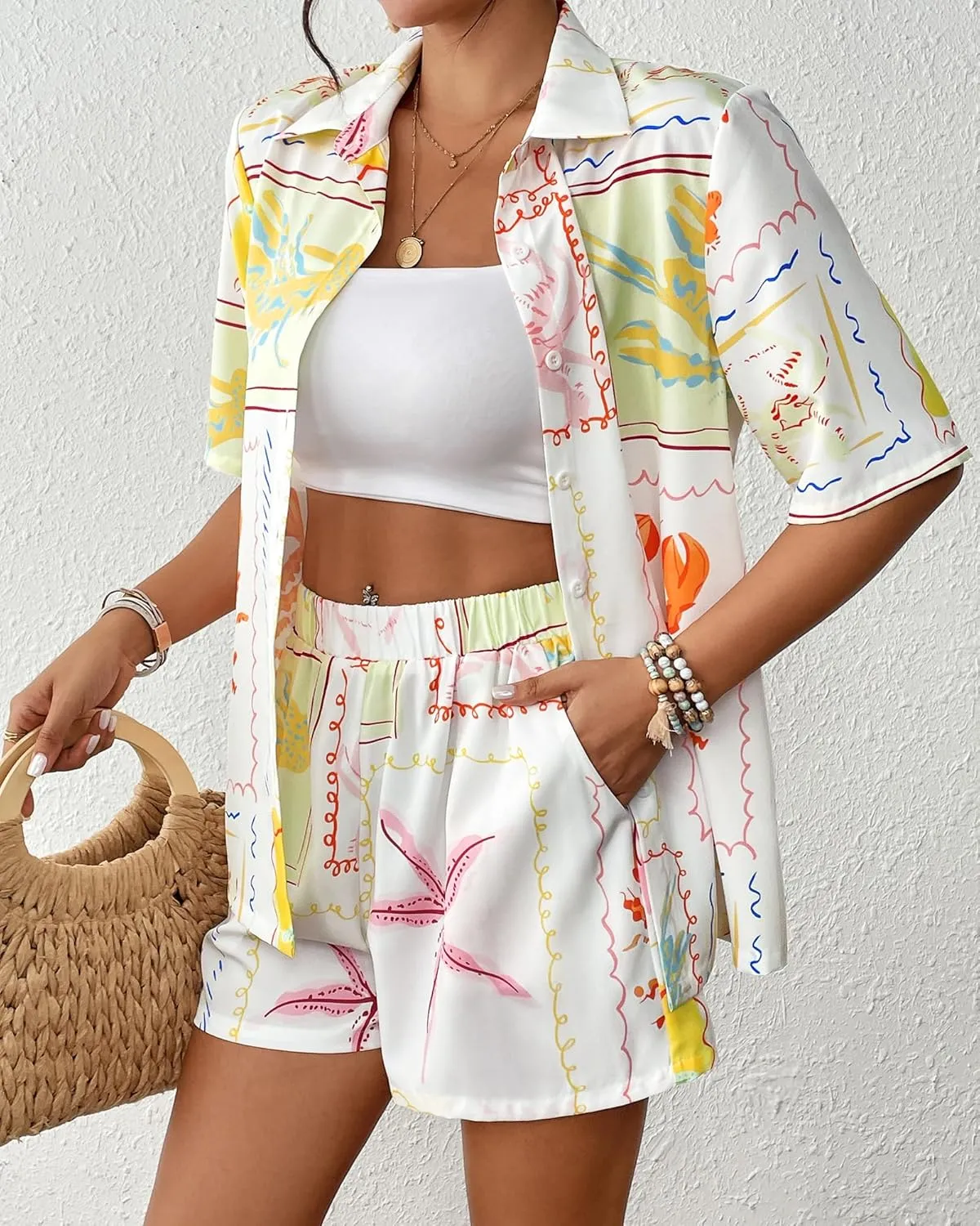 Bsubseach 2 Piece Short Sets for Women Tropical Printed Short Sleeve Button Down Shirt and Shorts Summer Beach Vacation Set