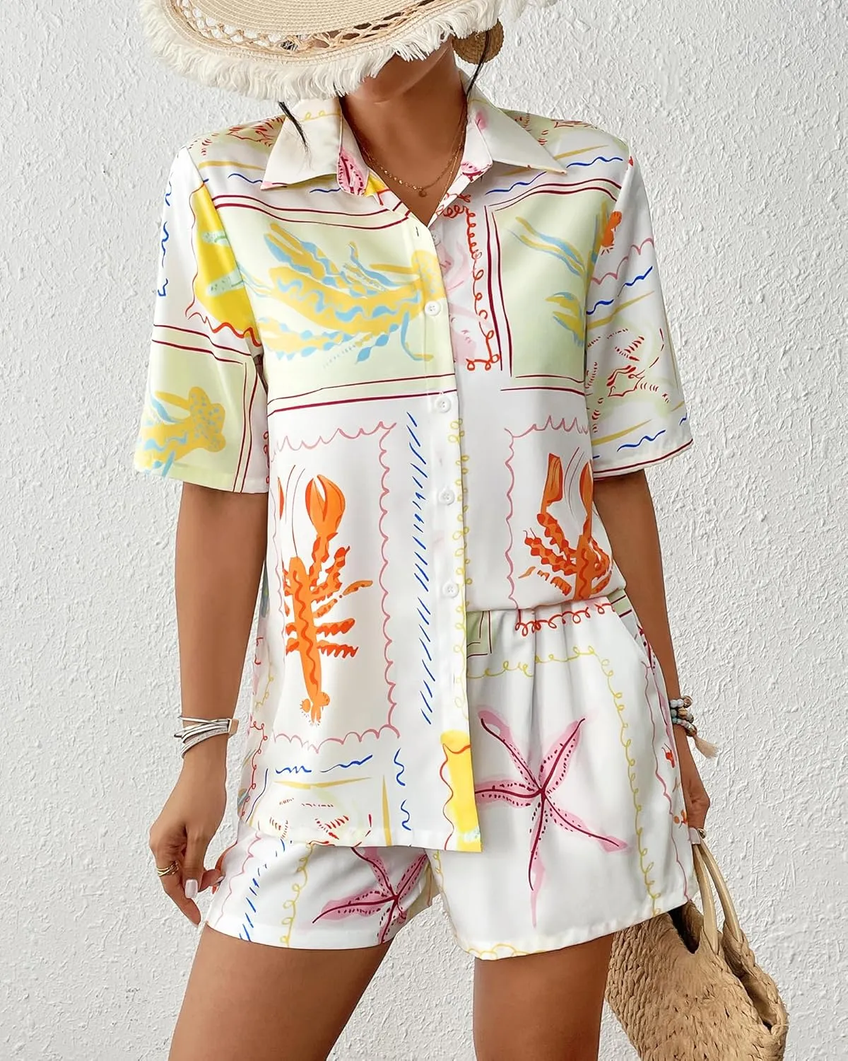 Bsubseach 2 Piece Short Sets for Women Tropical Printed Short Sleeve Button Down Shirt and Shorts Summer Beach Vacation Set
