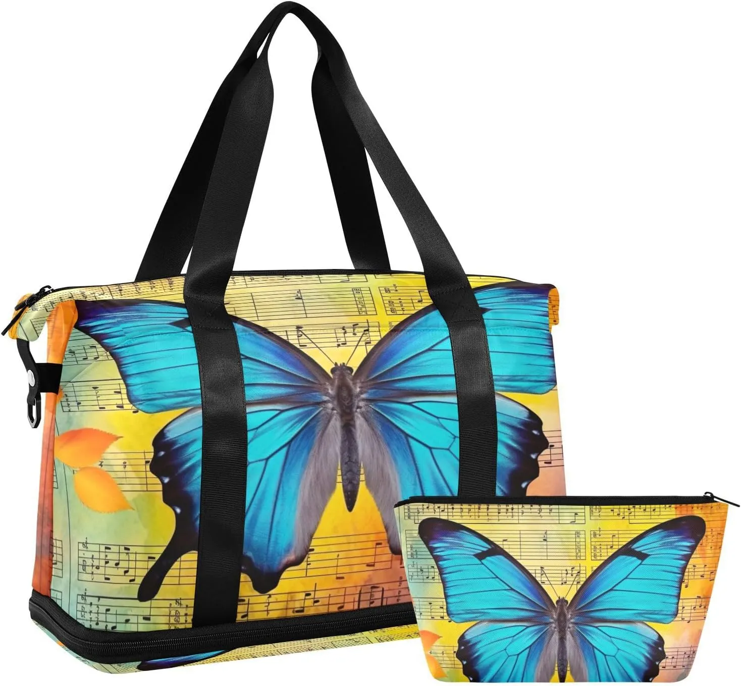 Butterfly Musical Note Sports Gym Bag with Waterproof Dry Wet Pocket, Travel Duffel Bag for Women MenWorkout Bag Fits Yoga, Swimming