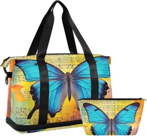 Butterfly Musical Note Sports Gym Bag with Waterproof Dry Wet Pocket, Travel Duffel Bag for Women MenWorkout Bag Fits Yoga, Swimming