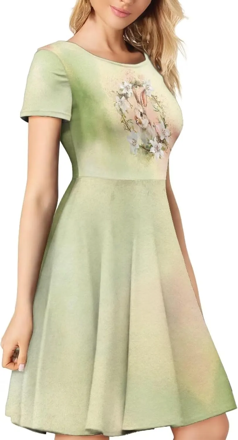 Buybai Summer Dresses for Women Crewneck Party Midi Dress Casual Short Sleeve Vacation Dresses