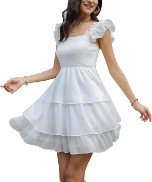 Byinns Womens Square Neck Sleeveless Ruffle Dress High Waist Backless Tiered Smocked Strappy Casual Short Mini Dresses