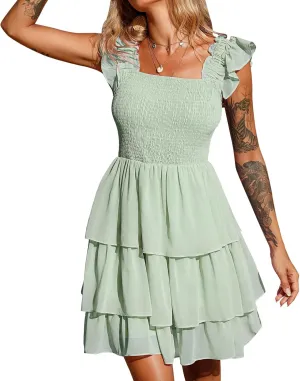 Byinns Womens Square Neck Sleeveless Ruffle Dress High Waist Backless Tiered Smocked Strappy Casual Short Mini Dresses