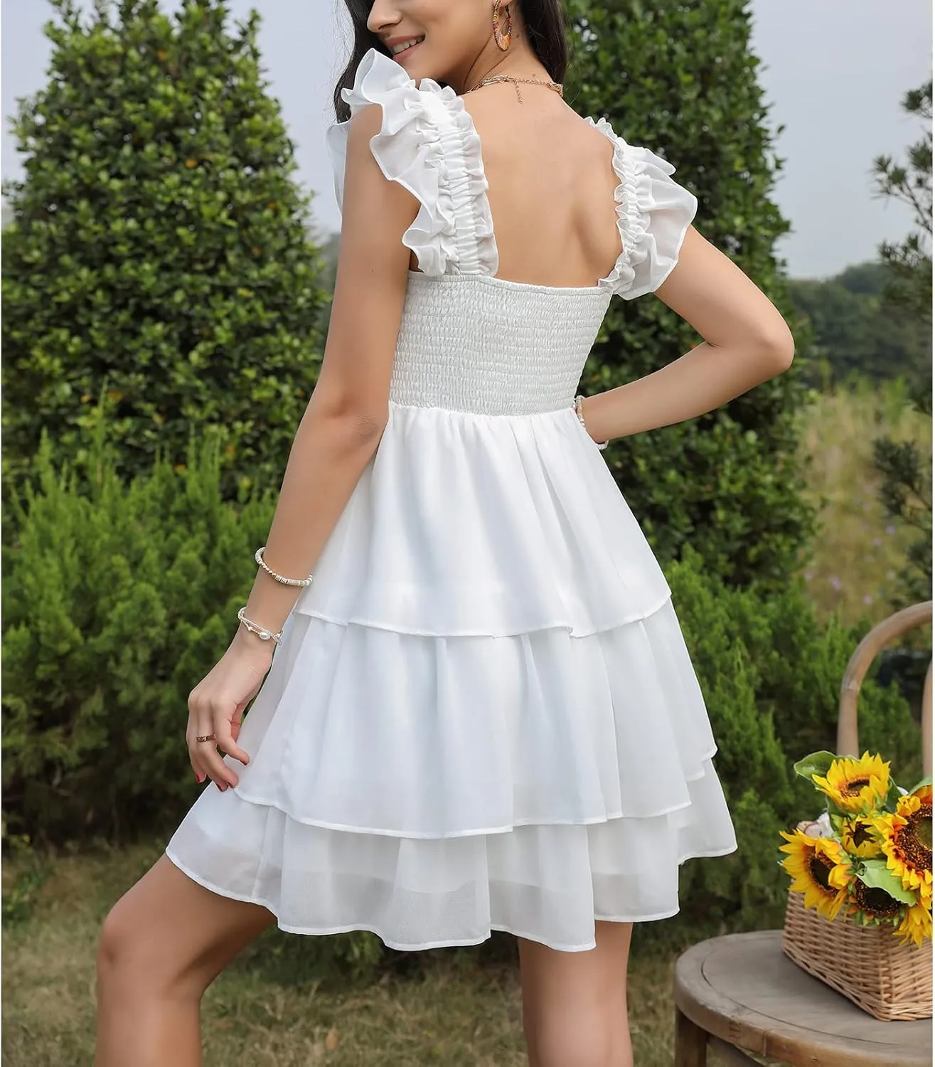 Byinns Womens Square Neck Sleeveless Ruffle Dress High Waist Backless Tiered Smocked Strappy Casual Short Mini Dresses