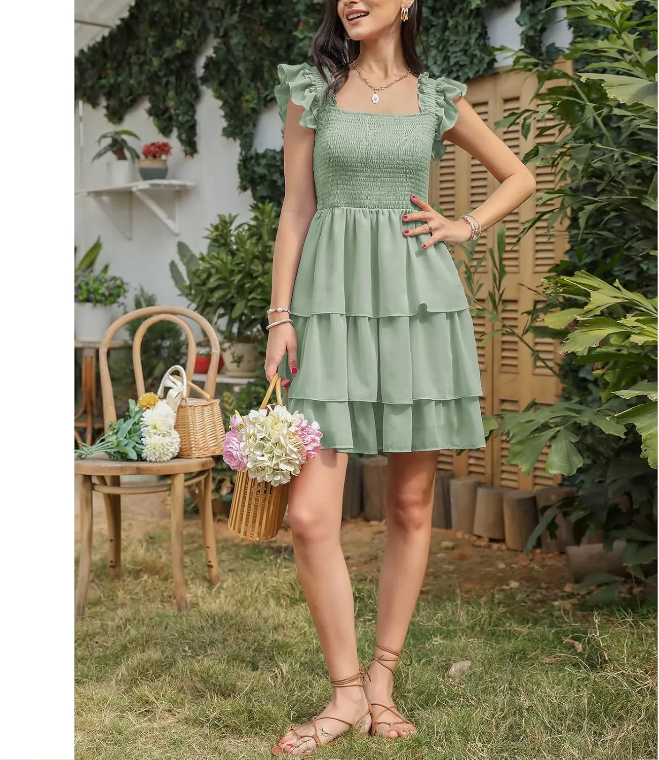 Byinns Womens Square Neck Sleeveless Ruffle Dress High Waist Backless Tiered Smocked Strappy Casual Short Mini Dresses