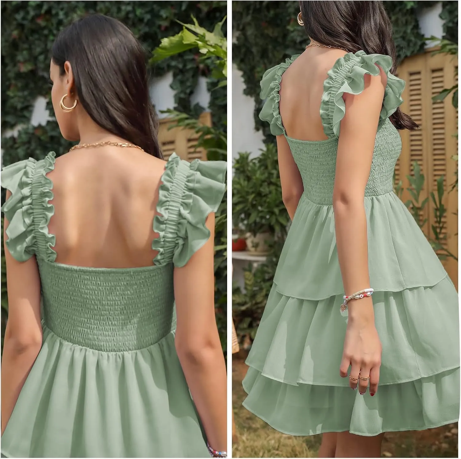 Byinns Womens Square Neck Sleeveless Ruffle Dress High Waist Backless Tiered Smocked Strappy Casual Short Mini Dresses