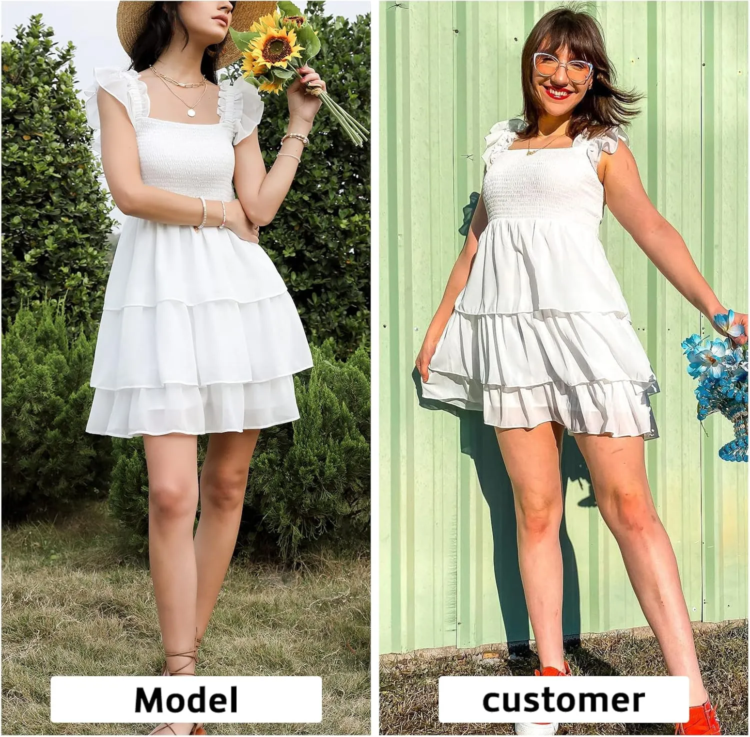 Byinns Womens Square Neck Sleeveless Ruffle Dress High Waist Backless Tiered Smocked Strappy Casual Short Mini Dresses