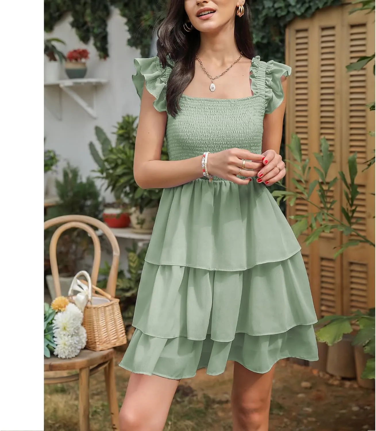 Byinns Womens Square Neck Sleeveless Ruffle Dress High Waist Backless Tiered Smocked Strappy Casual Short Mini Dresses