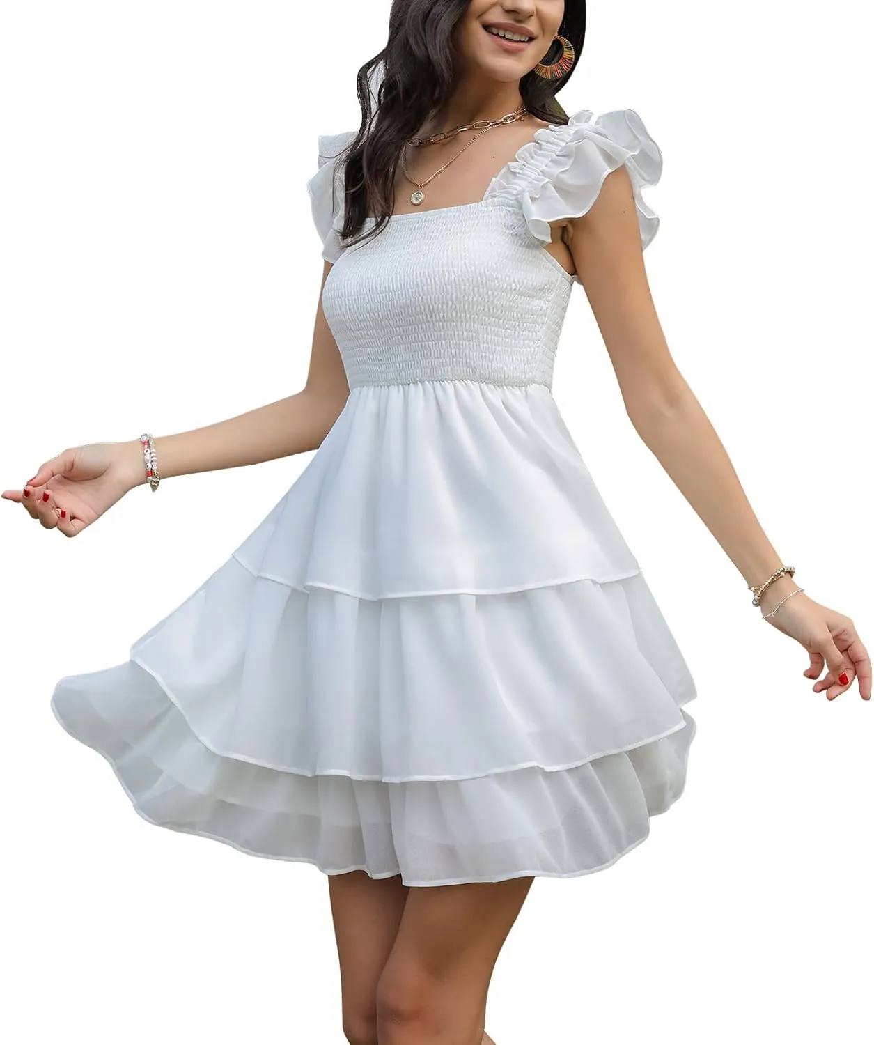 Byinns Womens Square Neck Sleeveless Ruffle Dress High Waist Backless Tiered Smocked Strappy Casual Short Mini Dresses