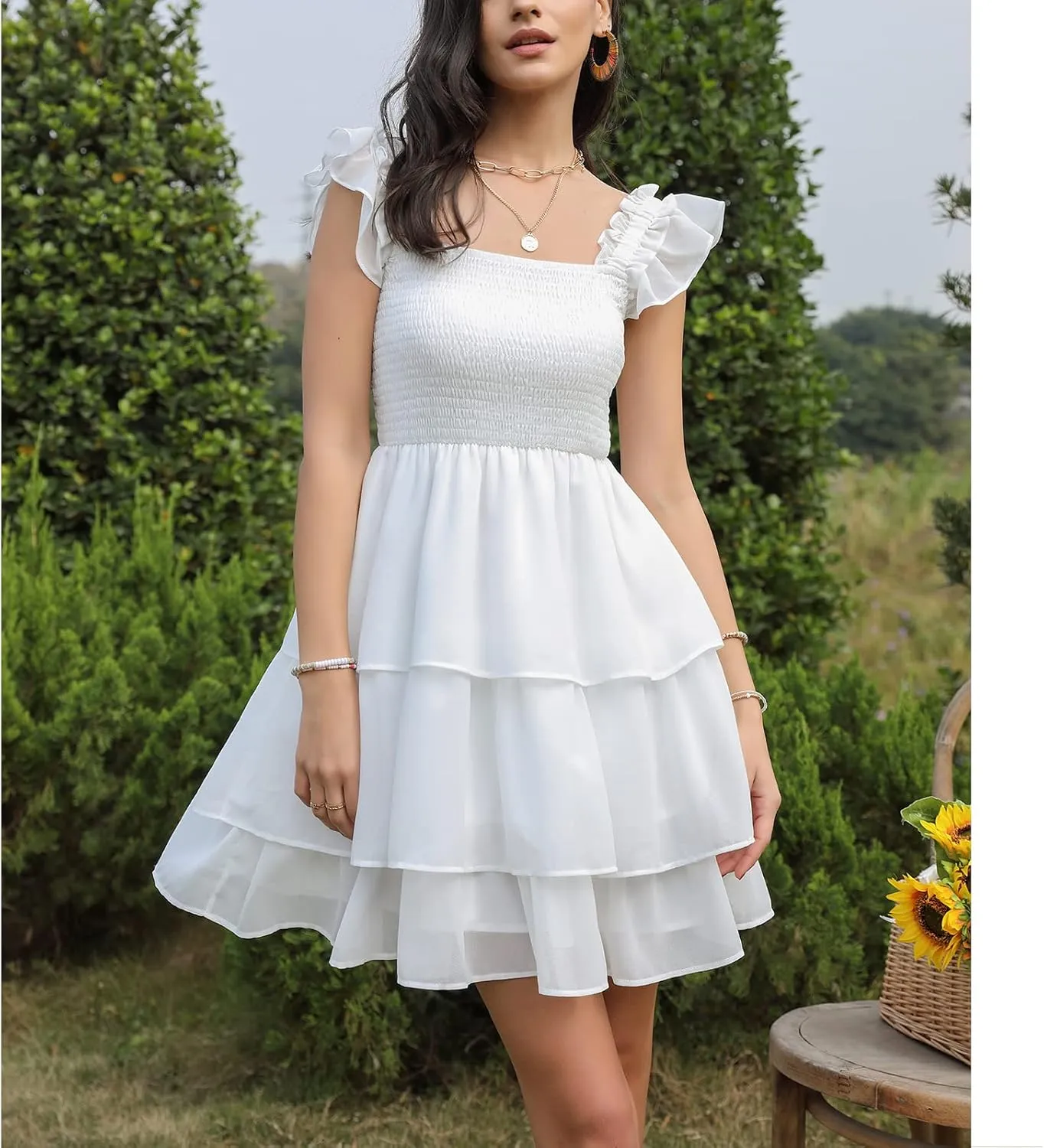 Byinns Womens Square Neck Sleeveless Ruffle Dress High Waist Backless Tiered Smocked Strappy Casual Short Mini Dresses