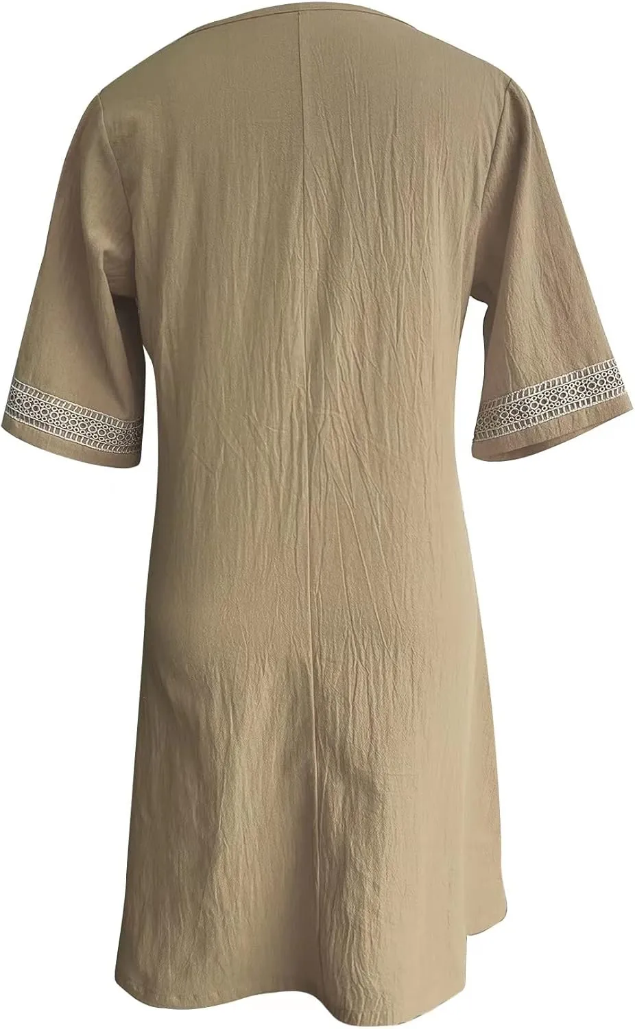 Casual Cotton Linen Dress for Women Summer V Neck Lace Trim Half Sleeve Solid Loose Midi Dress