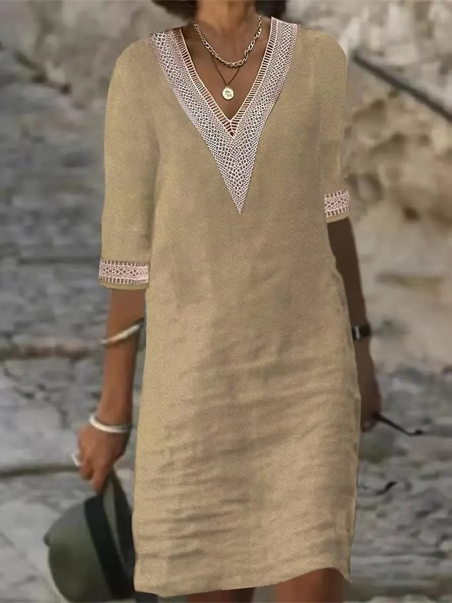 Casual Cotton Linen Dress for Women Summer V Neck Lace Trim Half Sleeve Solid Loose Midi Dress