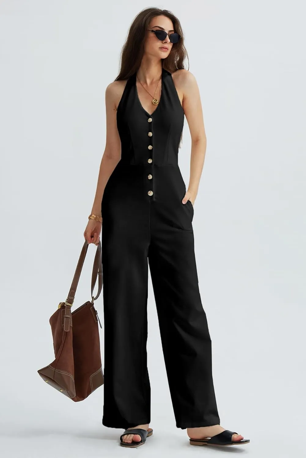 CHERFLY Jumpsuits for Women 2025 Summer Loose Overalls Sleeveless V-Neck Halter Wide Leg Pants with Pockets One Piece Outfits