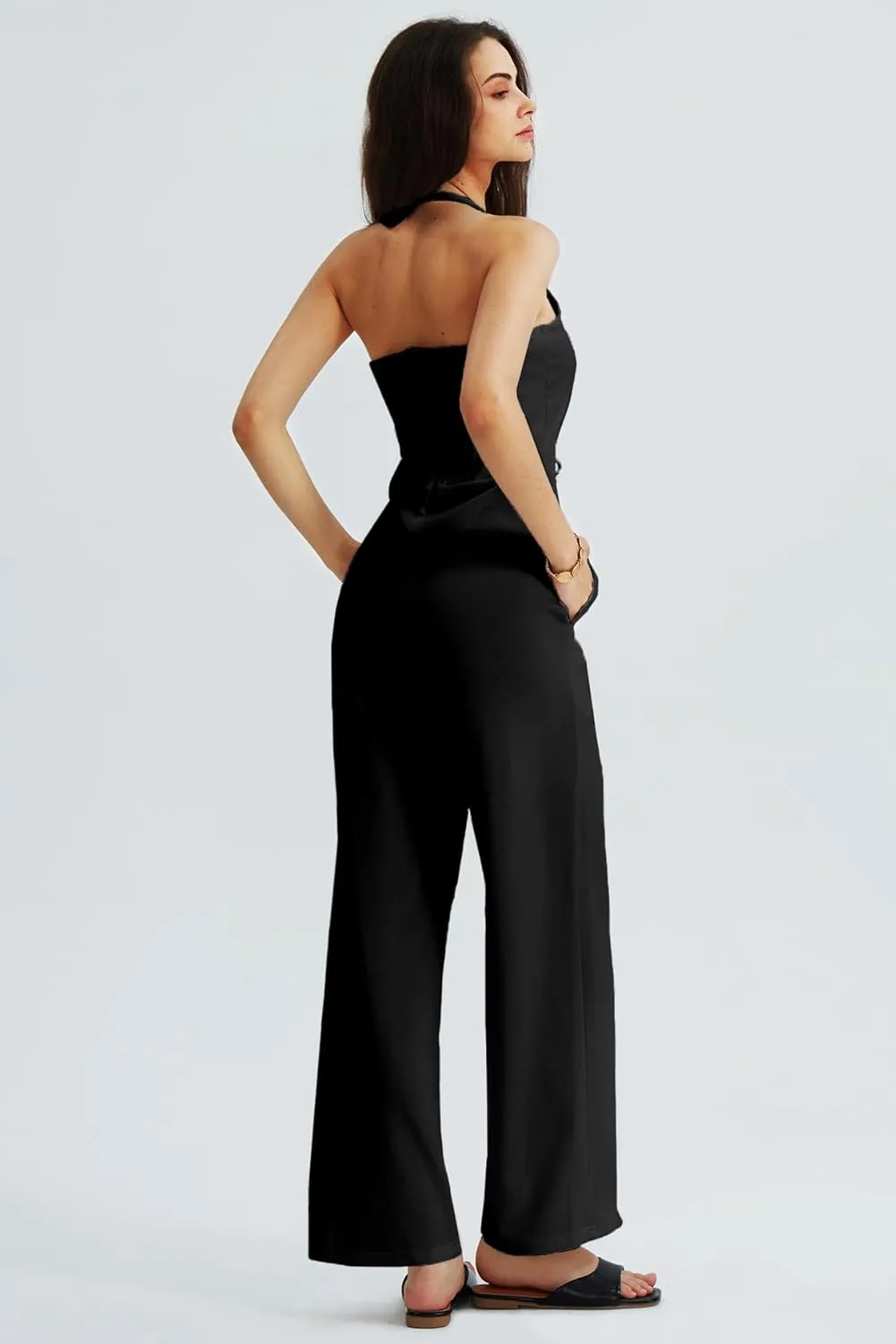 CHERFLY Jumpsuits for Women 2025 Summer Loose Overalls Sleeveless V-Neck Halter Wide Leg Pants with Pockets One Piece Outfits