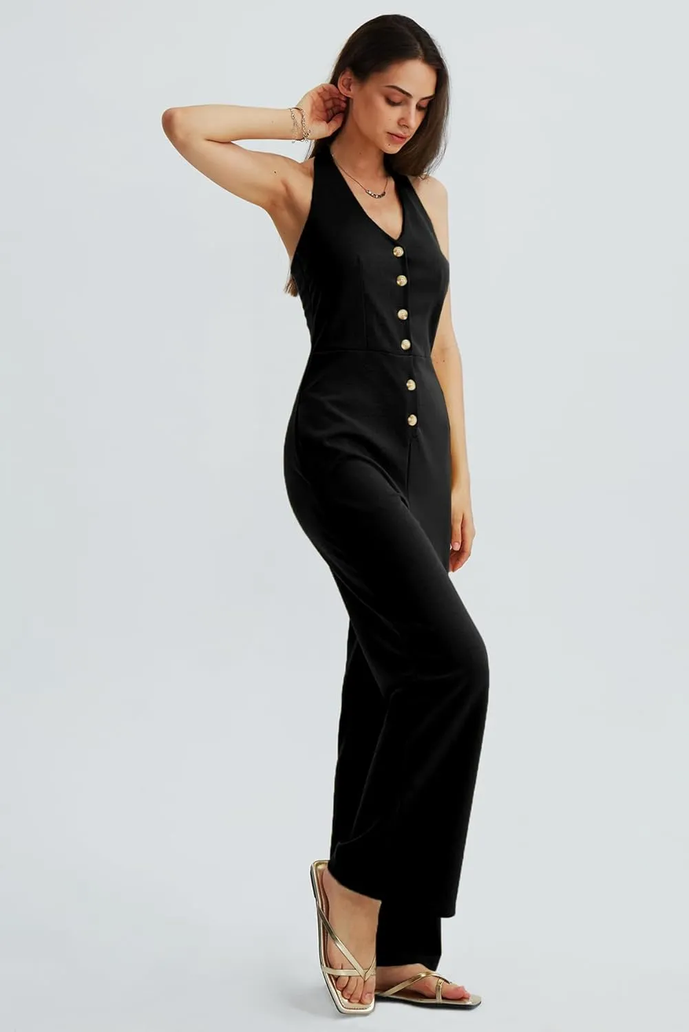 CHERFLY Jumpsuits for Women 2025 Summer Loose Overalls Sleeveless V-Neck Halter Wide Leg Pants with Pockets One Piece Outfits