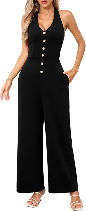 CHERFLY Jumpsuits for Women 2025 Summer Loose Overalls Sleeveless V-Neck Halter Wide Leg Pants with Pockets One Piece Outfits