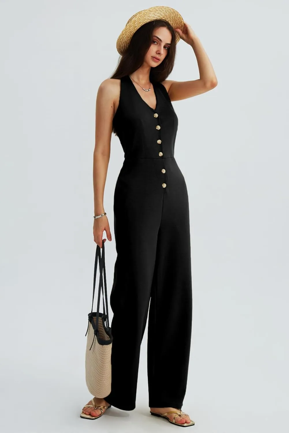 CHERFLY Jumpsuits for Women 2025 Summer Loose Overalls Sleeveless V-Neck Halter Wide Leg Pants with Pockets One Piece Outfits