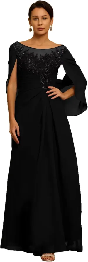 Chiffon Cape Mother of The Bride Dresses for Wedding Laces Appliques Scoop Formal Dresses Evening Gowns