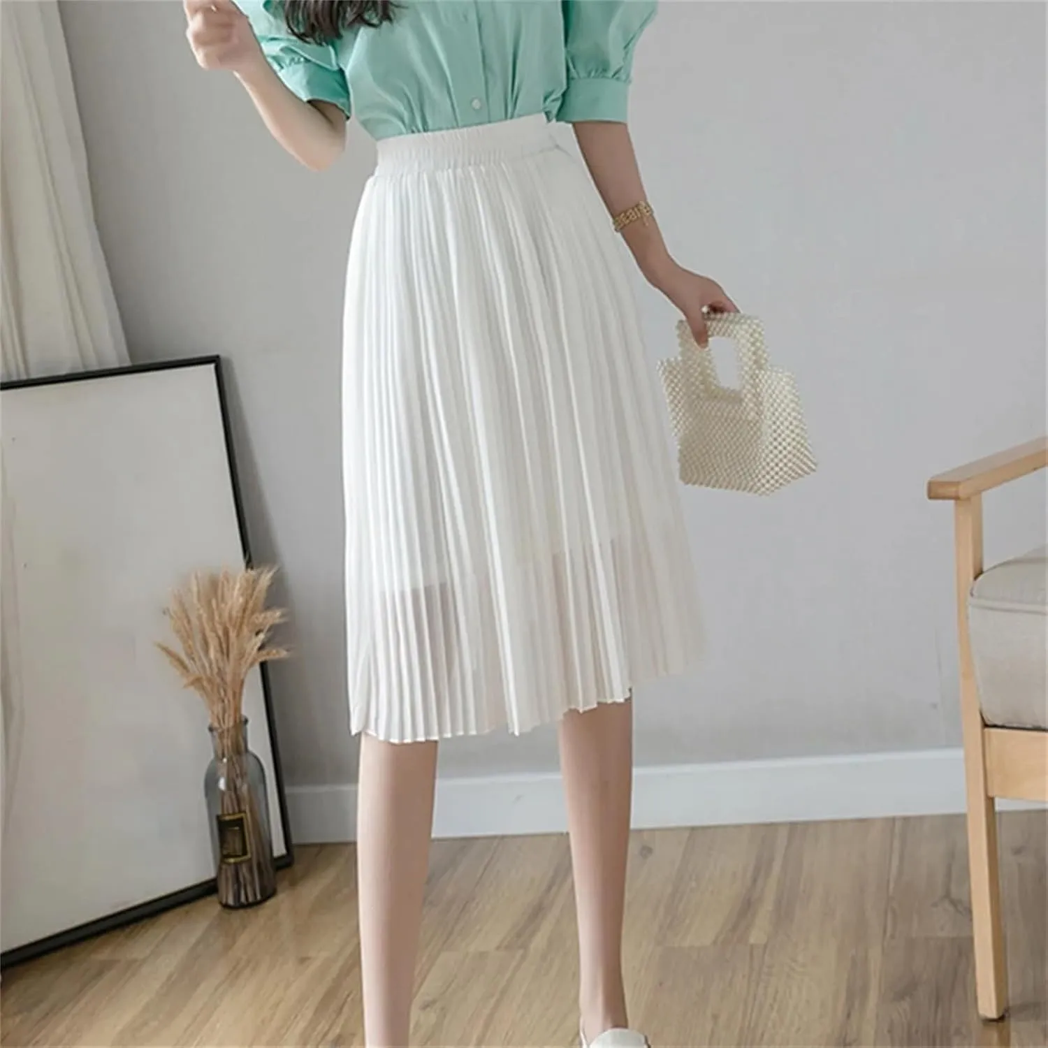 Chiffon Pleated Skirts for Women in Summer, Casual Elastic High Waist Beach Knee-Length Midi