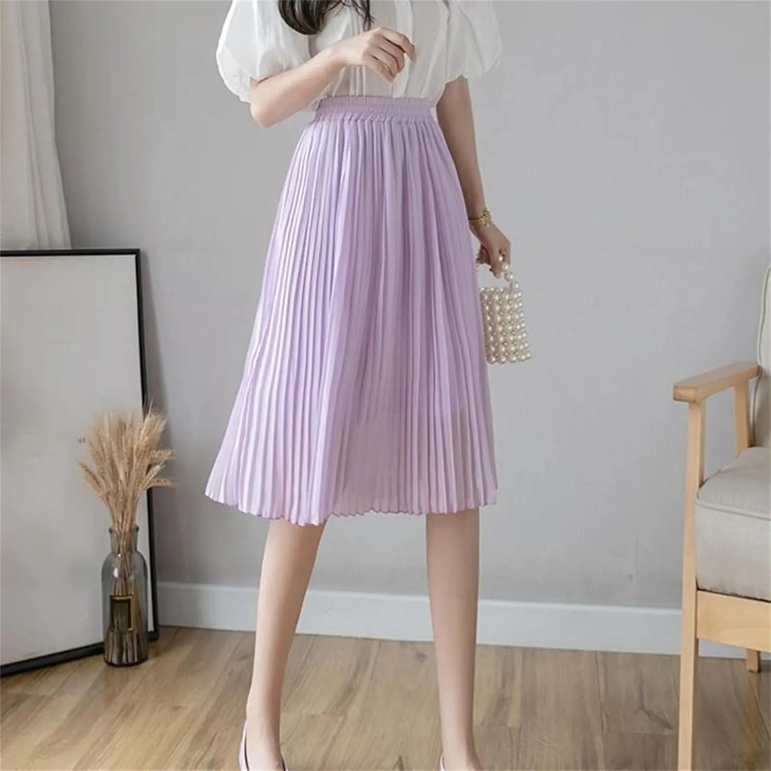 Chiffon Pleated Skirts for Women in Summer, Casual Elastic High Waist Beach Knee-Length Midi
