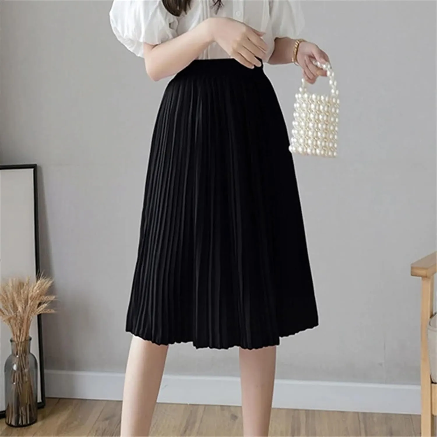 Chiffon Pleated Skirts for Women in Summer, Casual Elastic High Waist Beach Knee-Length Midi