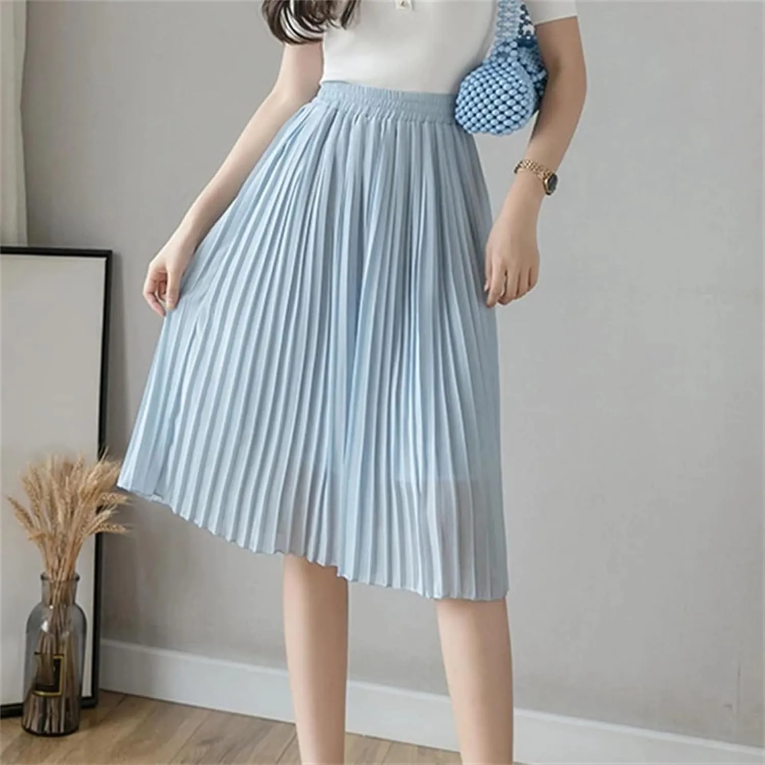 Chiffon Pleated Skirts for Women in Summer, Casual Elastic High Waist Beach Knee-Length Midi