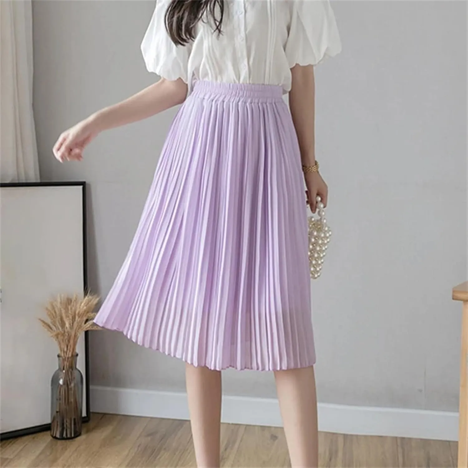 Chiffon Pleated Skirts for Women in Summer, Casual Elastic High Waist Beach Knee-Length Midi