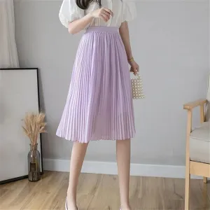 Chiffon Pleated Skirts for Women in Summer, Casual Elastic High Waist Beach Knee-Length Midi