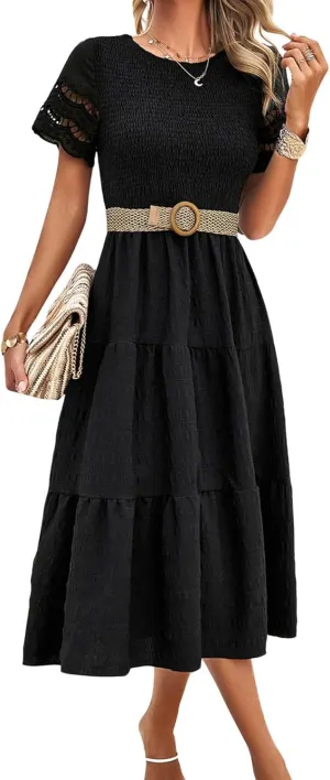chouyatou Women's 2024 Spring Summer Solid Color Elegant Dresses Crewneck Cut Out Maxi Dress