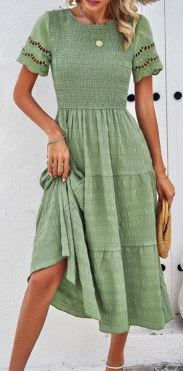 chouyatou Women's 2024 Spring Summer Solid Color Elegant Dresses Crewneck Cut Out Maxi Dress
