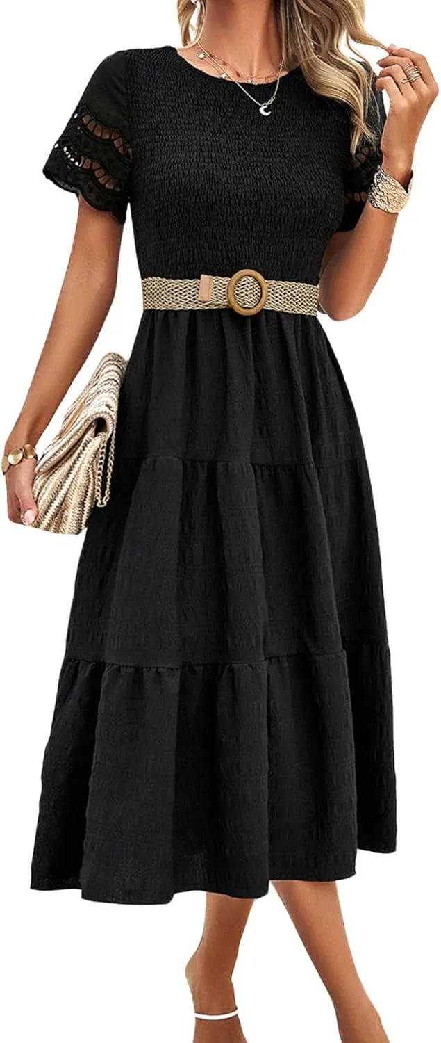 chouyatou Women's 2024 Spring Summer Solid Color Elegant Dresses Crewneck Cut Out Maxi Dress