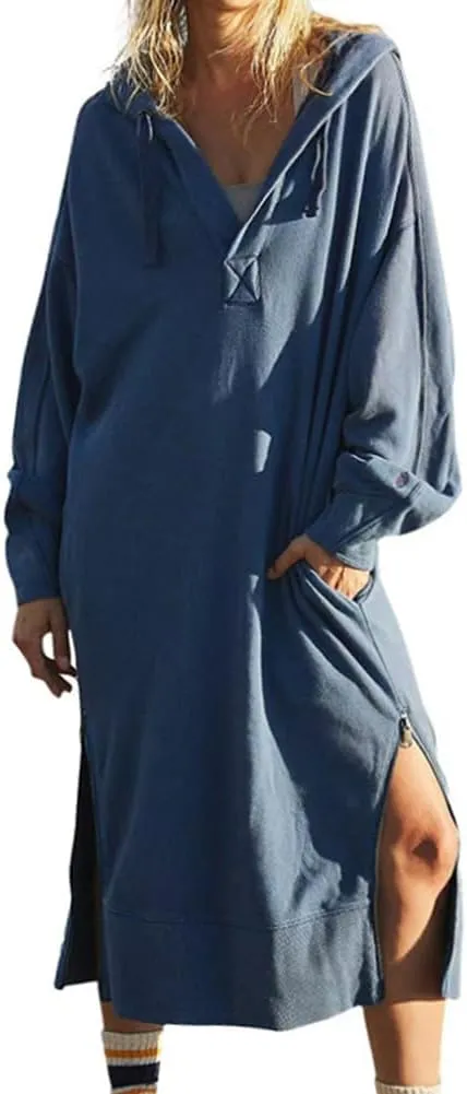 chouyatou Women's Casual Hooded Sweatshirt Dress Loose Oversized Long Sleeve Hoodie Tunic Dress with Pockets