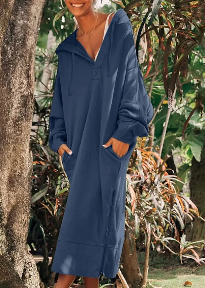 chouyatou Women's Casual Hooded Sweatshirt Dress Loose Oversized Long Sleeve Hoodie Tunic Dress with Pockets