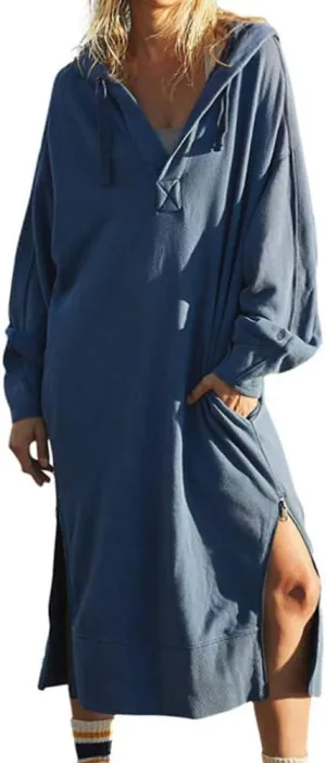 chouyatou Women's Casual Hooded Sweatshirt Dress Loose Oversized Long Sleeve Hoodie Tunic Dress with Pockets