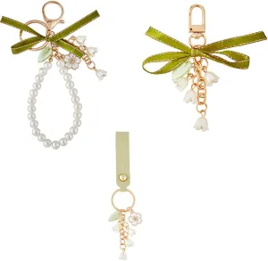 CRASPIRE 3Pcs Enamel Sakura Keychains Pendants Leather Pearl Beaded Wristlet Lanyard Lily of The Vally Tassel Keychain Alloy Light Gold Car Key Ring Charm with Hoop Universal for Women Wallet Decor