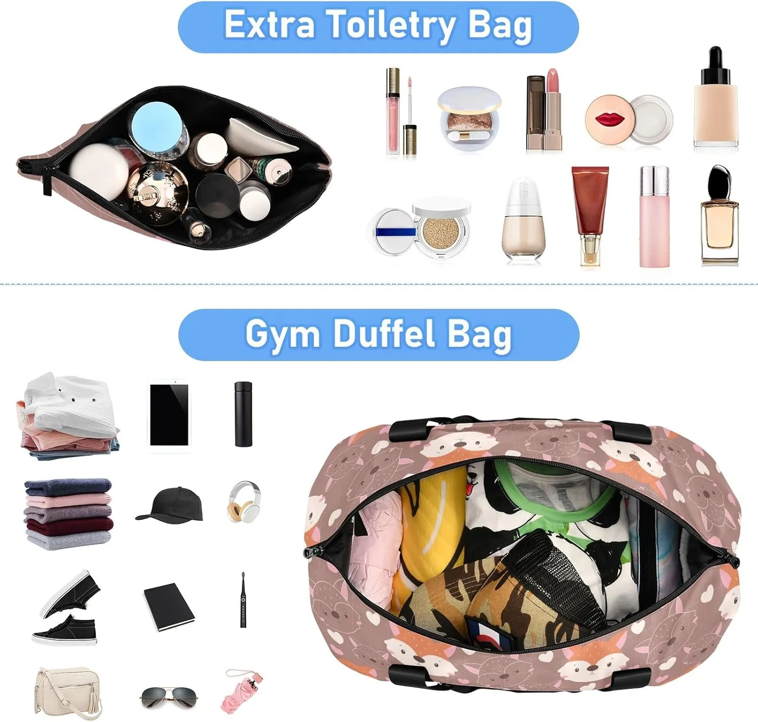Cute Animals Face Floral Big Duffle Bags for Travel Waterproof Exercise Bags for Women Gym, Weekender Bags for Women