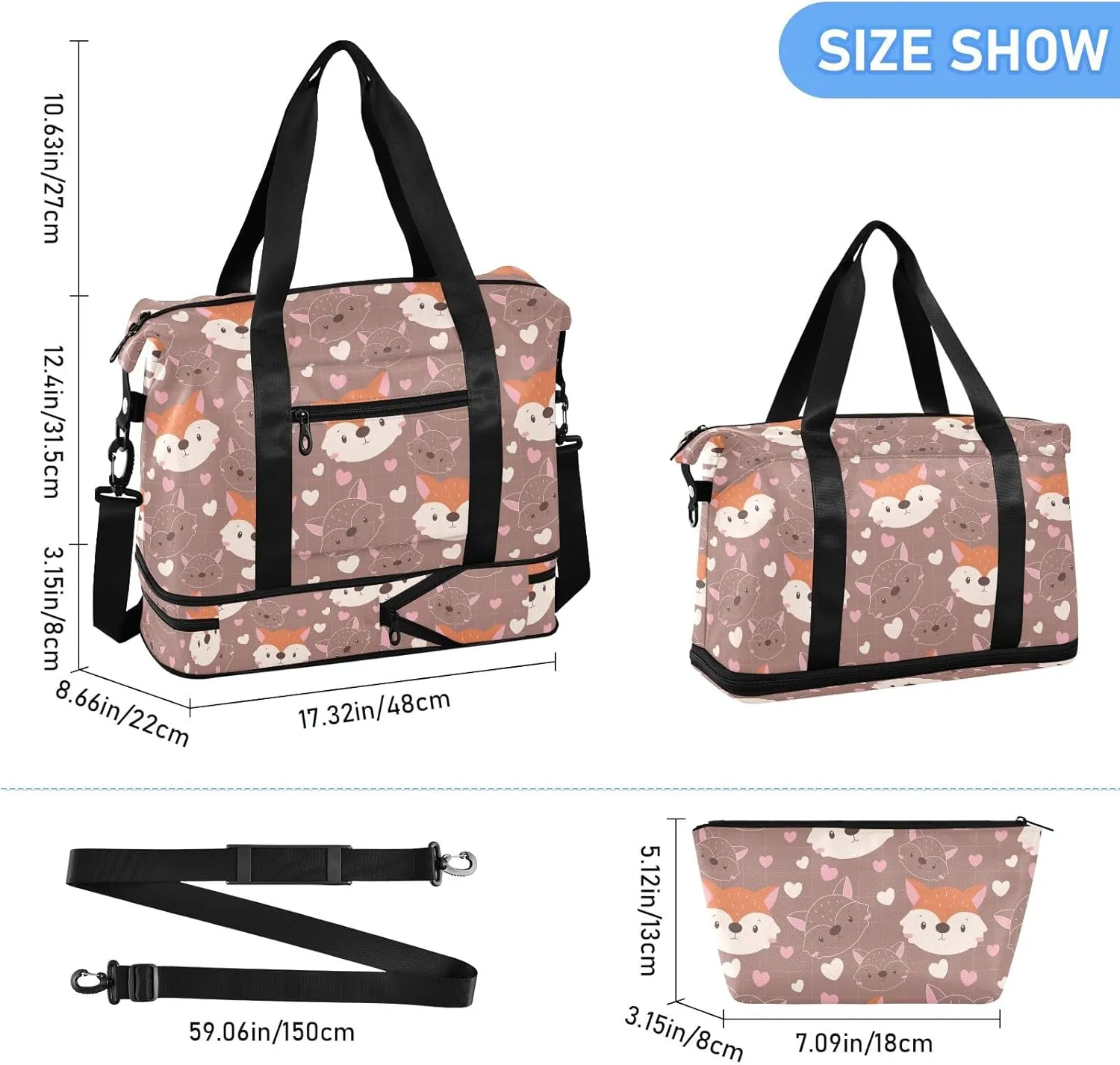 Cute Animals Face Floral Big Duffle Bags for Travel Waterproof Exercise Bags for Women Gym, Weekender Bags for Women