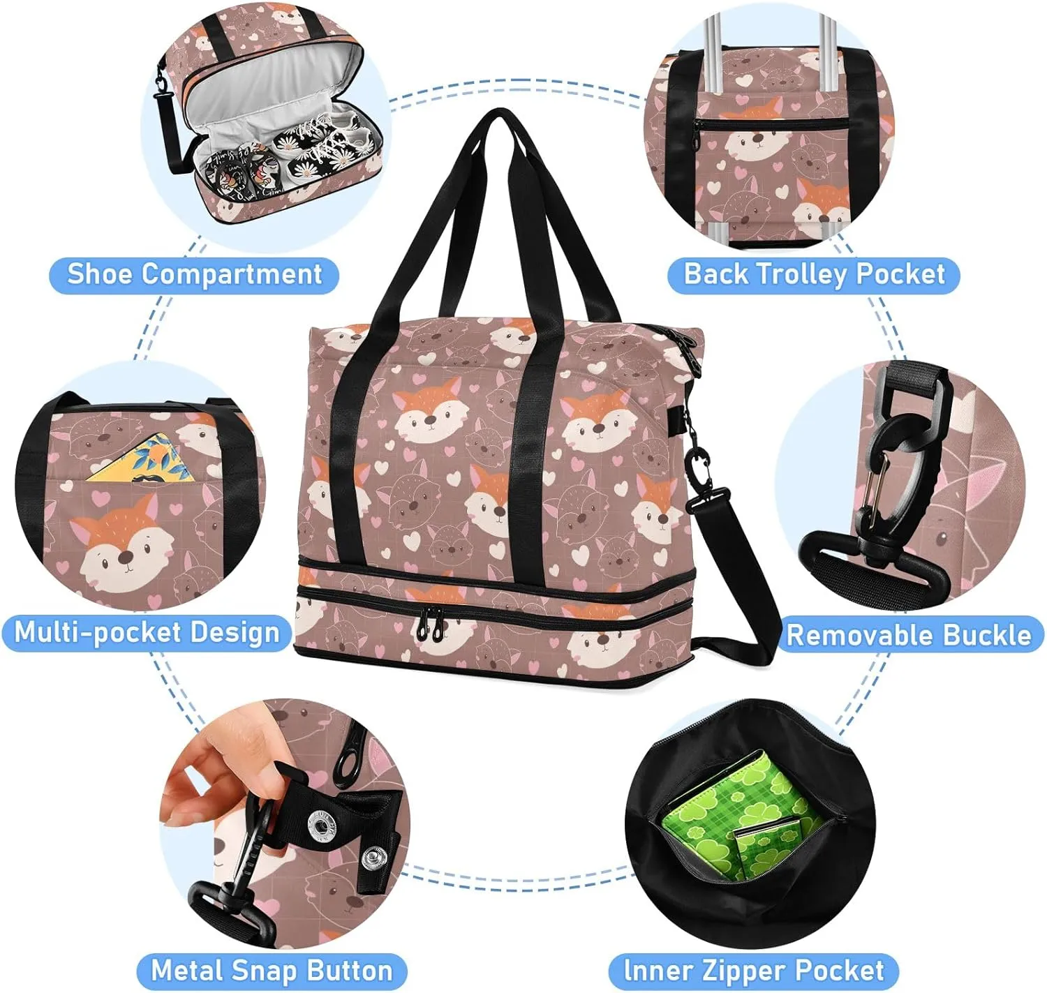 Cute Animals Face Floral Big Duffle Bags for Travel Waterproof Exercise Bags for Women Gym, Weekender Bags for Women