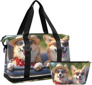 Cute Happy Dog Sports Gym Bag with Waterproof Dry Wet Pocket, Travel Duffel Bag for Women MenWorkout Bag Fits Yoga, Swimming
