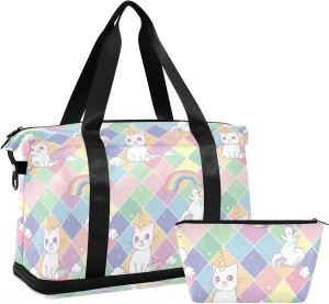 Cute Rainbow Cats Sports Gym Bag with Waterproof Dry Wet Pocket, Travel Duffel Bag for Women MenWorkout Bag Fits Yoga, Swimming